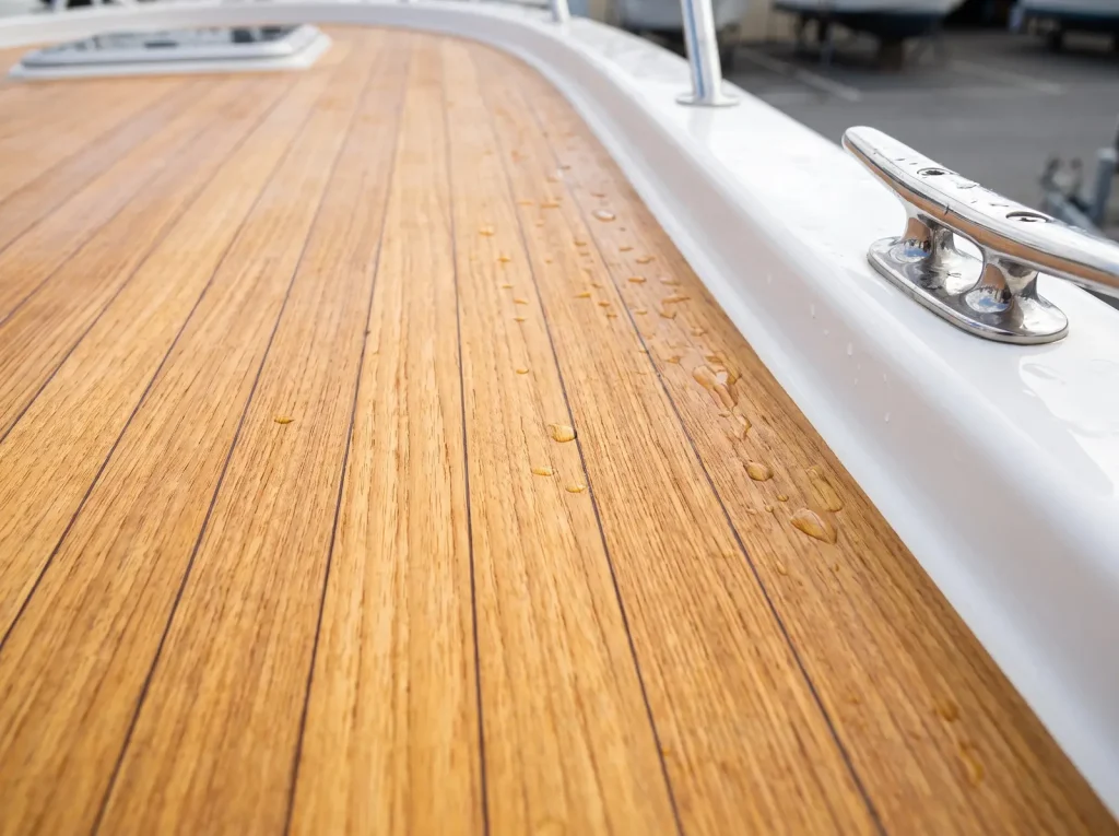 Detailed teak deck and polished fibreglass boat finish by Shipshape Boat Detailing in O'Connor