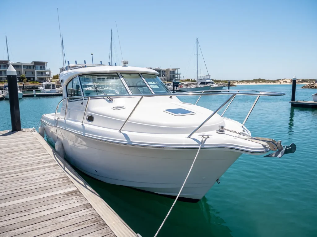 Freshly detailed white cruiser gleaming at a Perth marina, professional boat detailing in O'Connor WA
