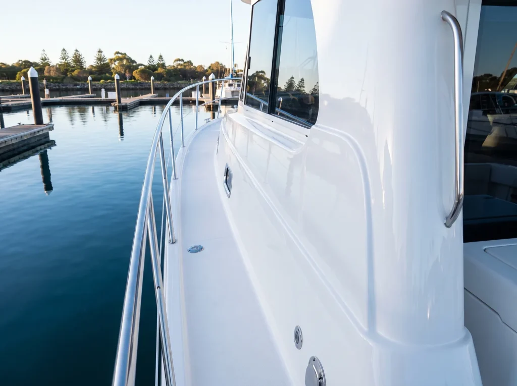 Gleaming detailed white boat hull at marina berth in O'Connor showing flawless professional boat detailing