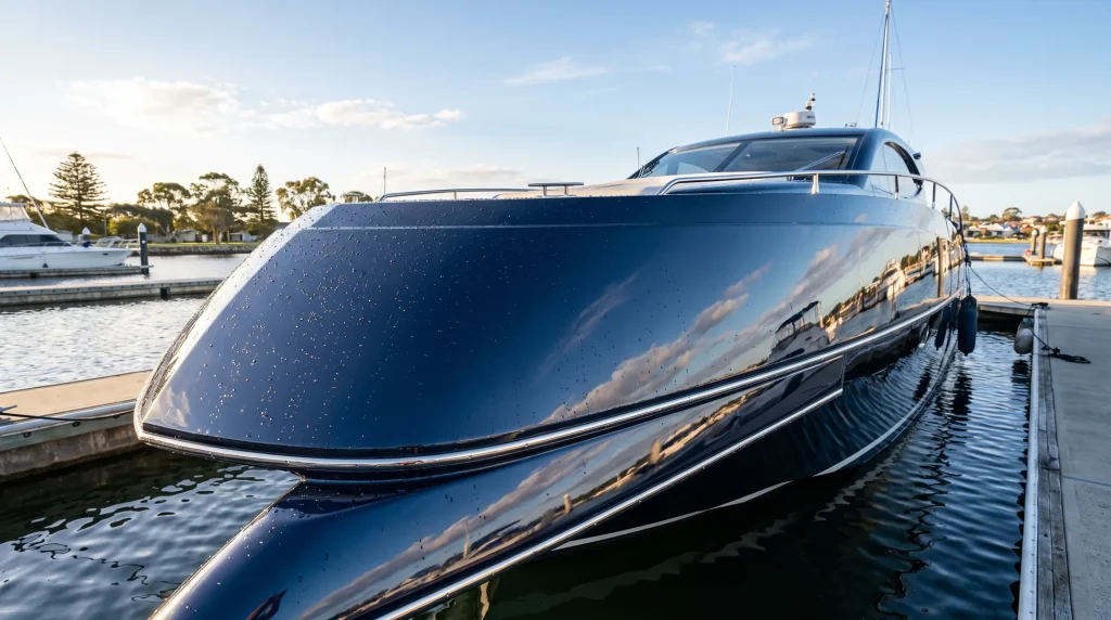 Ceramic coated navy yacht hull with glossy beading finish in O'Connor boat detailing marina