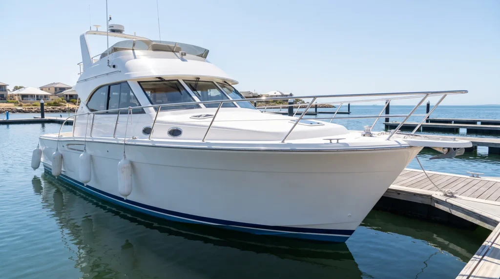 Gleaming polished boat hull after exterior detailing at a marina in O'Connor WA