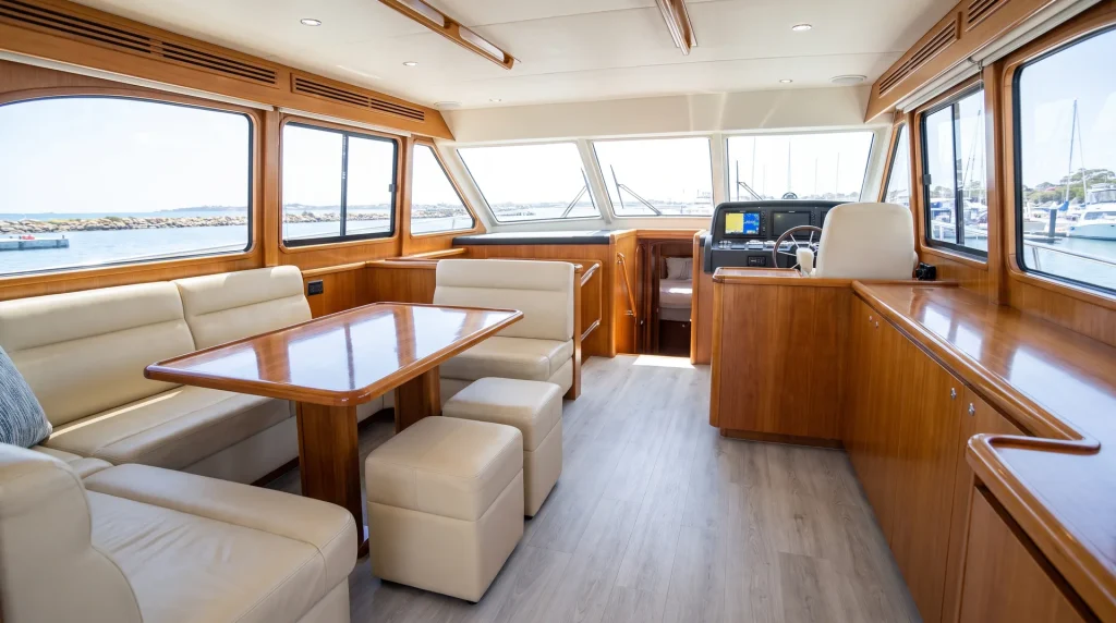 Spotless detailed boat cabin interior with clean leather seats and polished timber in O'Connor
