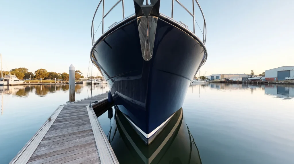 Mirror-gloss navy boat hull after paint correction by Shipshape Boat Detailing in O'Connor