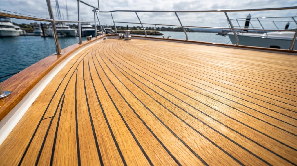 Freshly restored golden teak boat deck after professional teak cleaning in O'Connor WA