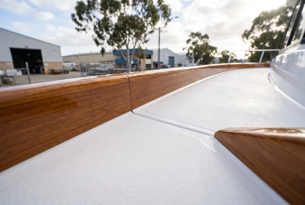 Detailed boat deck edge meeting teak trim wall after detailing in O'Connor