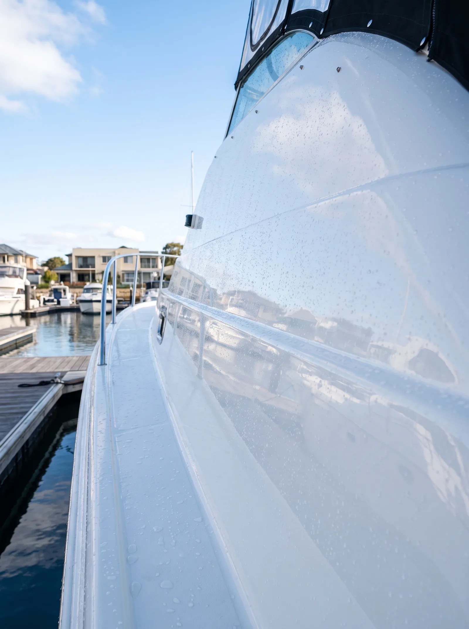 Gleaming detailed boat hull exterior after professional exterior detailing in O'Connor WA