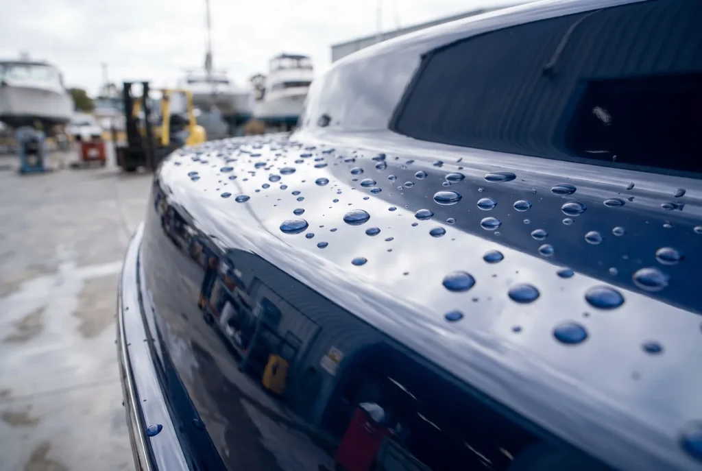 Ceramic coated navy boat hull with beading water droplets after detailing in O'Connor WA