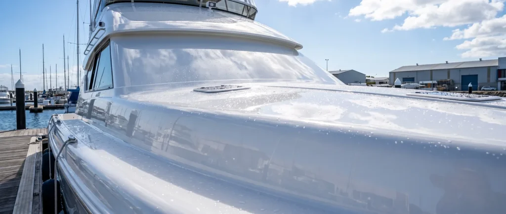 Ceramic coated boat hull gleaming with mirror gloss and water beading, boat detailing in O'Connor WA