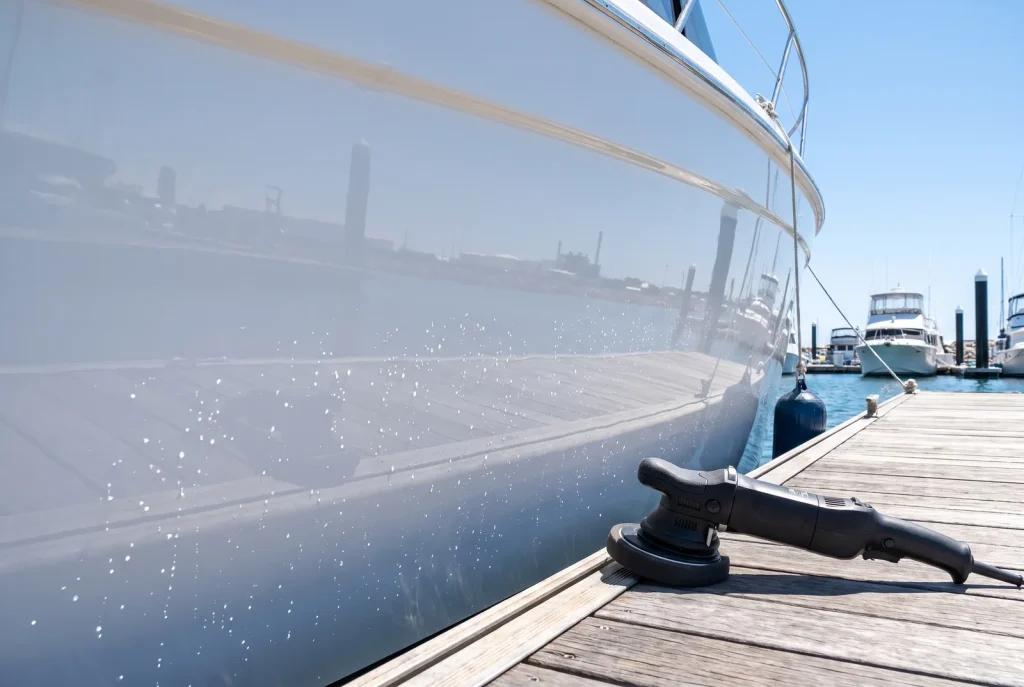 Ceramic coated boat hull with beading finish and polisher, Shipshape Boat Detailing in O'Connor
