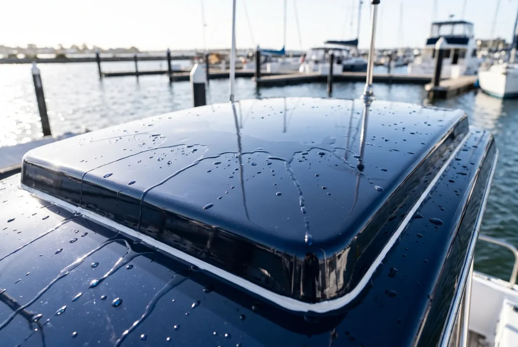 Ceramic coating on glossy navy boat hardtop hatch with water beading, boat detailing in O'Connor WA
