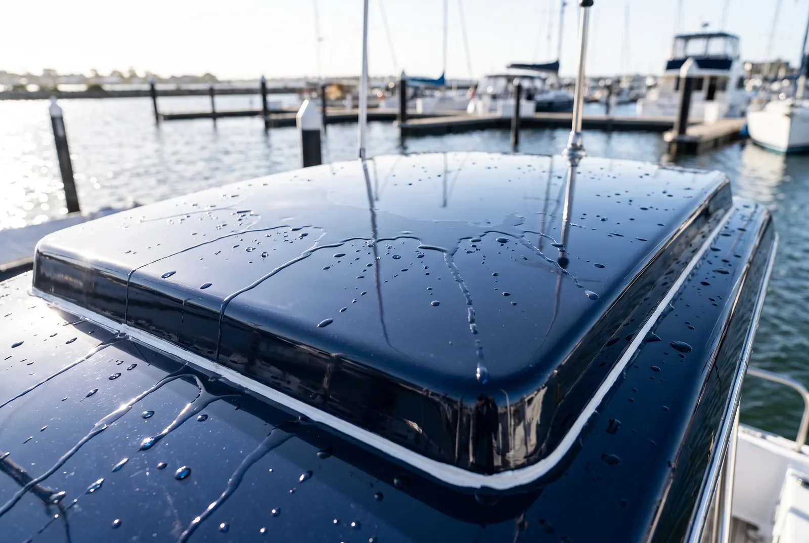 Ceramic coating on glossy navy boat hardtop hatch with water beading, boat detailing in O'Connor WA
