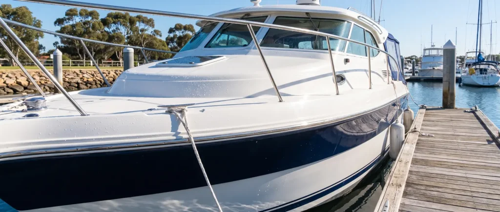 Glossy detailed boat exterior with polished hull and waxed finish from exterior boat detailing in O'Connor