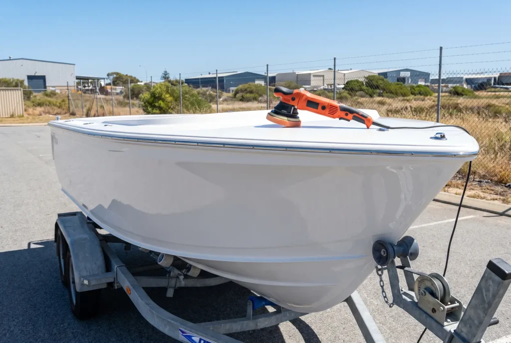 Spotless polished boat hull after exterior detailing in O'Connor with polisher resting on deck