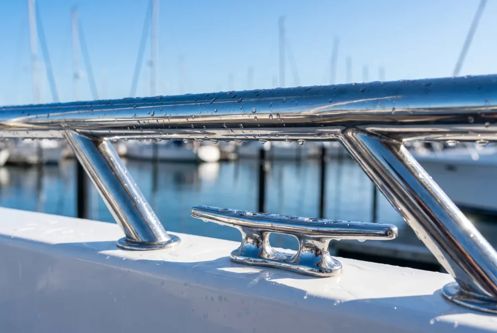 Polished stainless boat railing and chrome cleat after exterior detailing in O'Connor WA