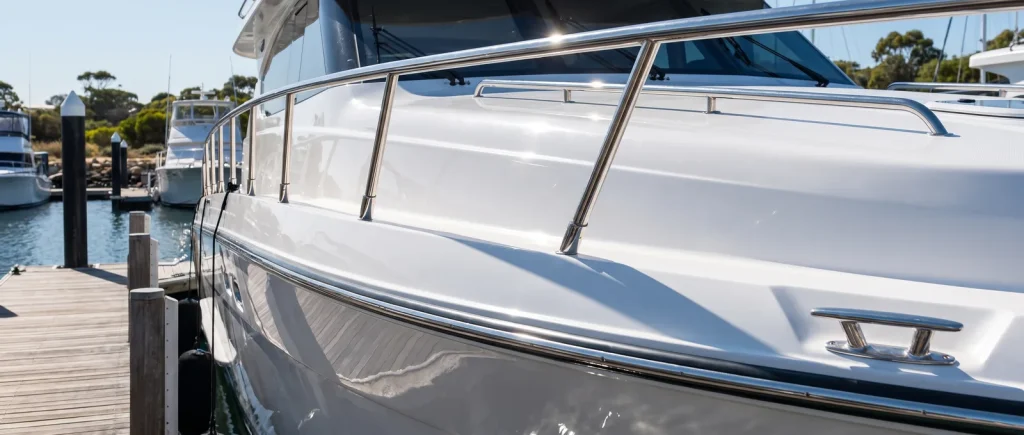 Spotless polished boat hull after exterior detailing in O'Connor, low-angle marina view with mirror gelcoat finish