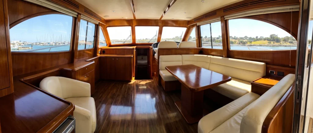 Spotless detailed boat cabin interior with gleaming leather seats and polished timber in O'Connor