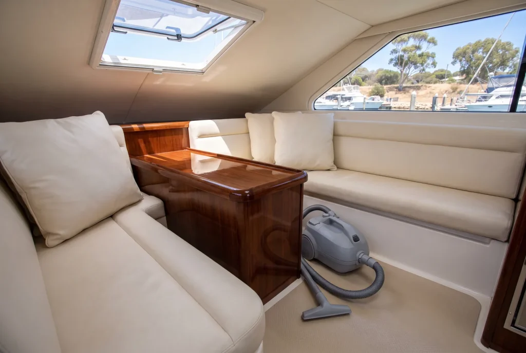 Spotless detailed boat interior with clean upholstery and vacuum in O'Connor, WA