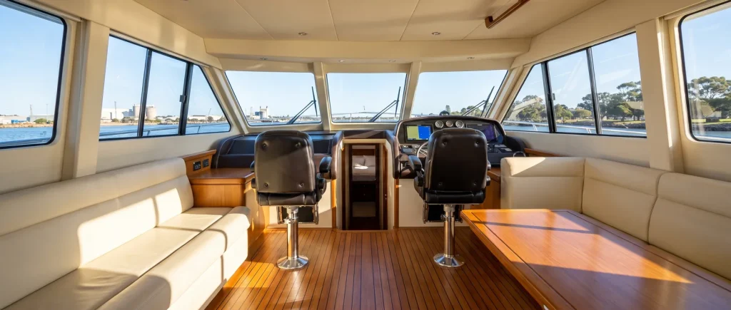 Spotless detailed boat cabin interior with polished seats and floor by Shipshape Boat Detailing in O'Connor
