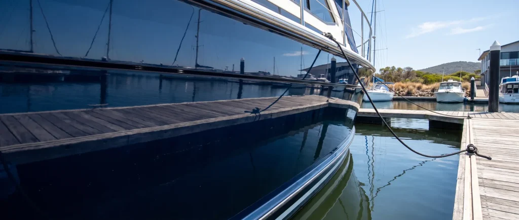 Restored glossy navy boat hull after oxidation removal detailing in O'Connor WA marina