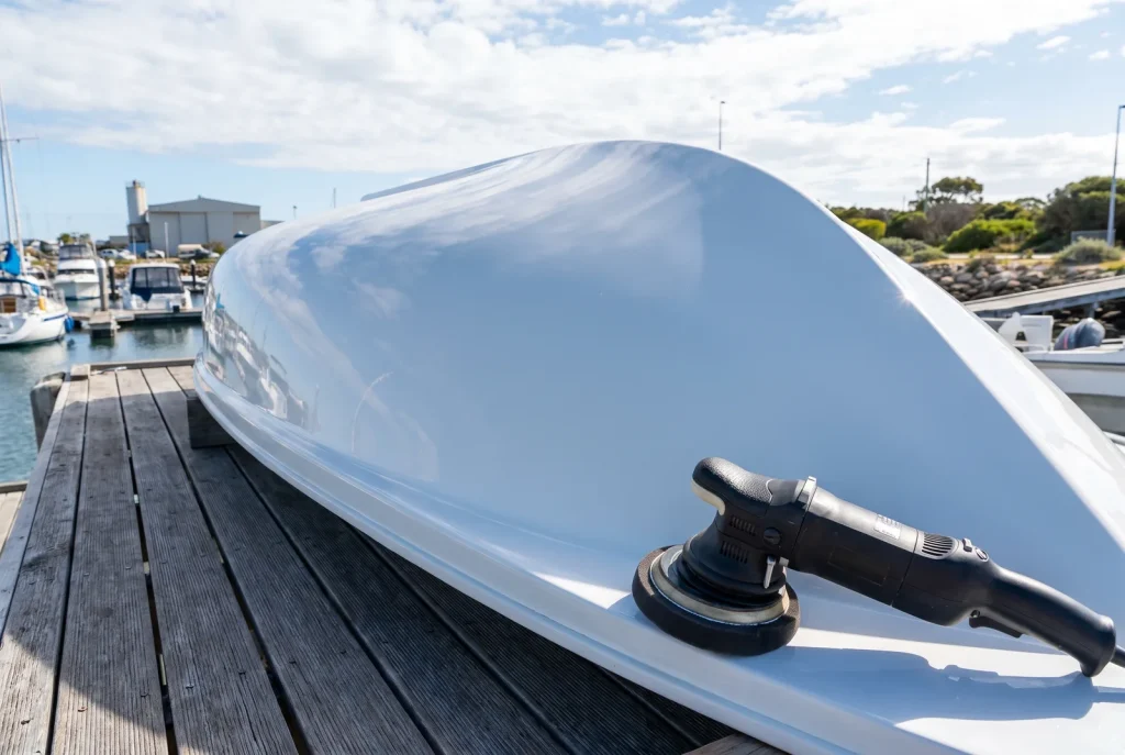 Oxidation removal restoring a mirror-shine boat hull in O'Connor with a polisher resting on the marina deck