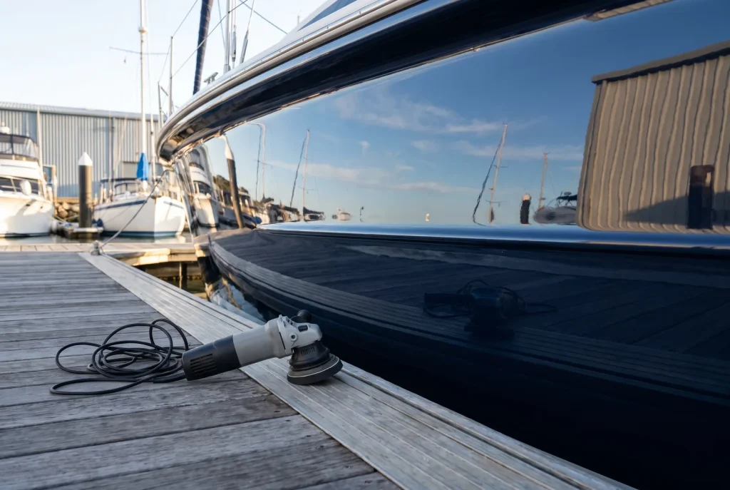 Oxidation removal restoring glossy navy boat hull gel coat in O'Connor WA boat detailing