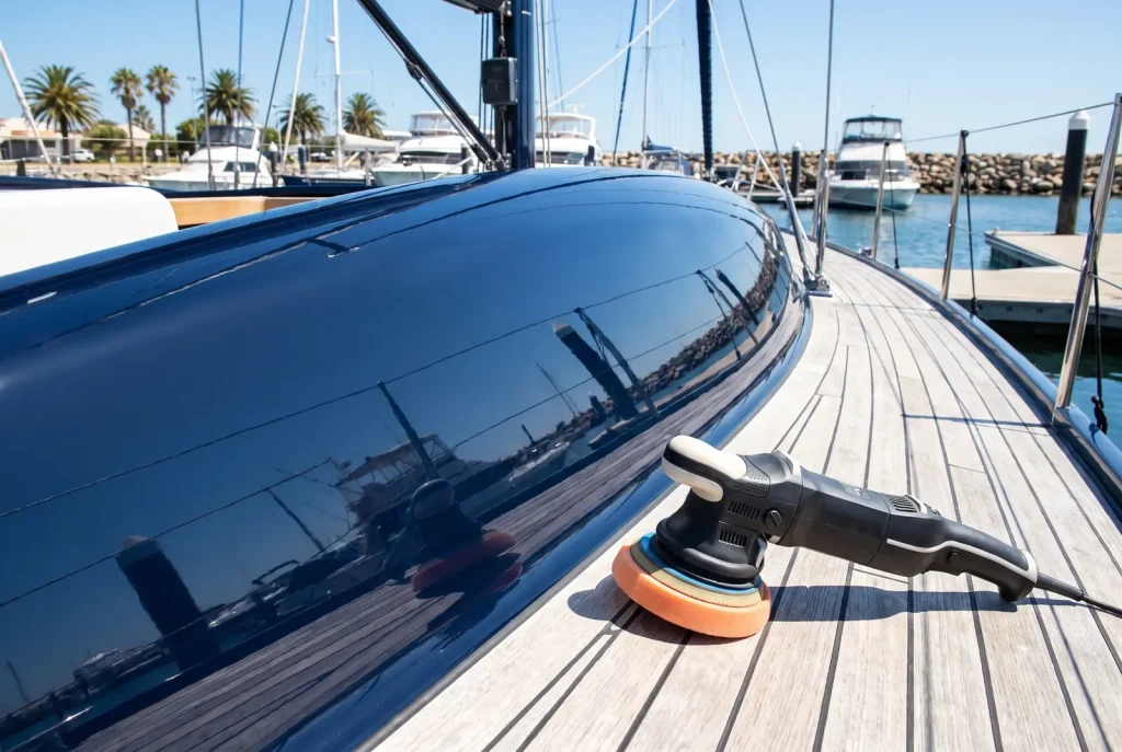 Mirror-finish navy boat hull after professional paint correction detailing in O'Connor WA