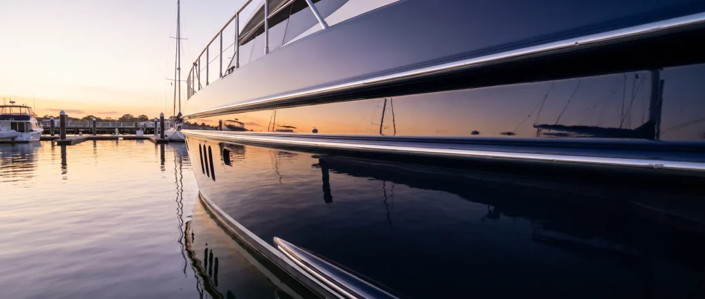 Mirror-smooth navy boat hull after paint correction detailing in O'Connor WA, swirl-free glossy finish