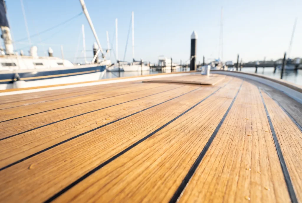 Restored golden teak boat deck after teak cleaning detailing in O'Connor WA