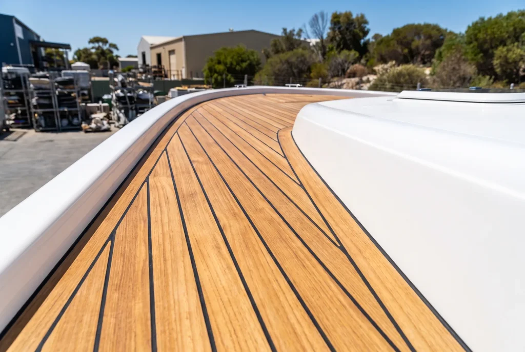 Restored golden teak deck with clean seams meeting white hull, boat teak cleaning in O'Connor