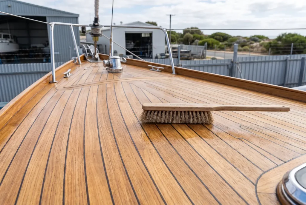 Restored golden teak boat deck after professional teak cleaning in O'Connor with deck brush resting beside it