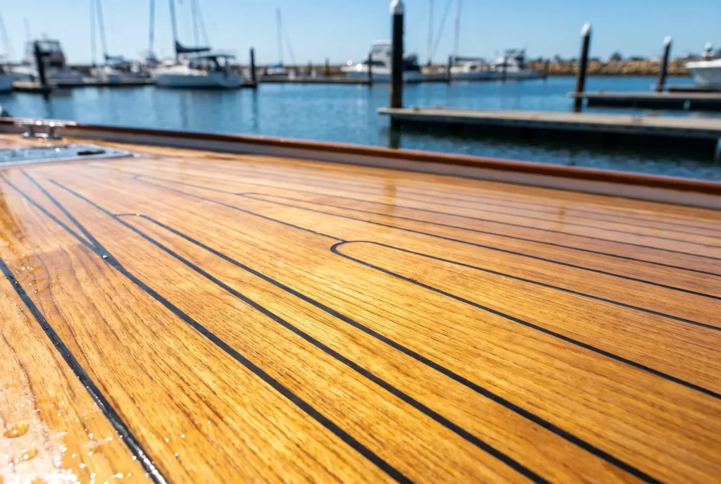 Freshly cleaned golden teak boat deck detailed in O'Connor WA marina