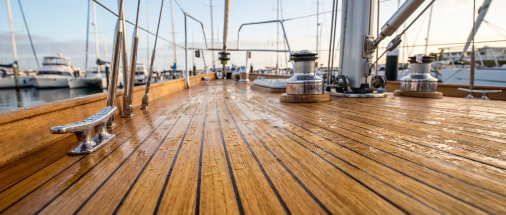 Restored golden teak boat deck after professional teak cleaning in O'Connor WA