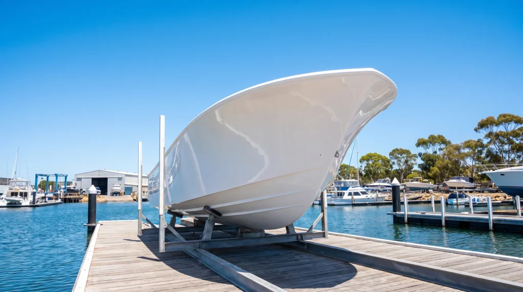 Restored stain-free boat hull after detailing in O'Connor WA