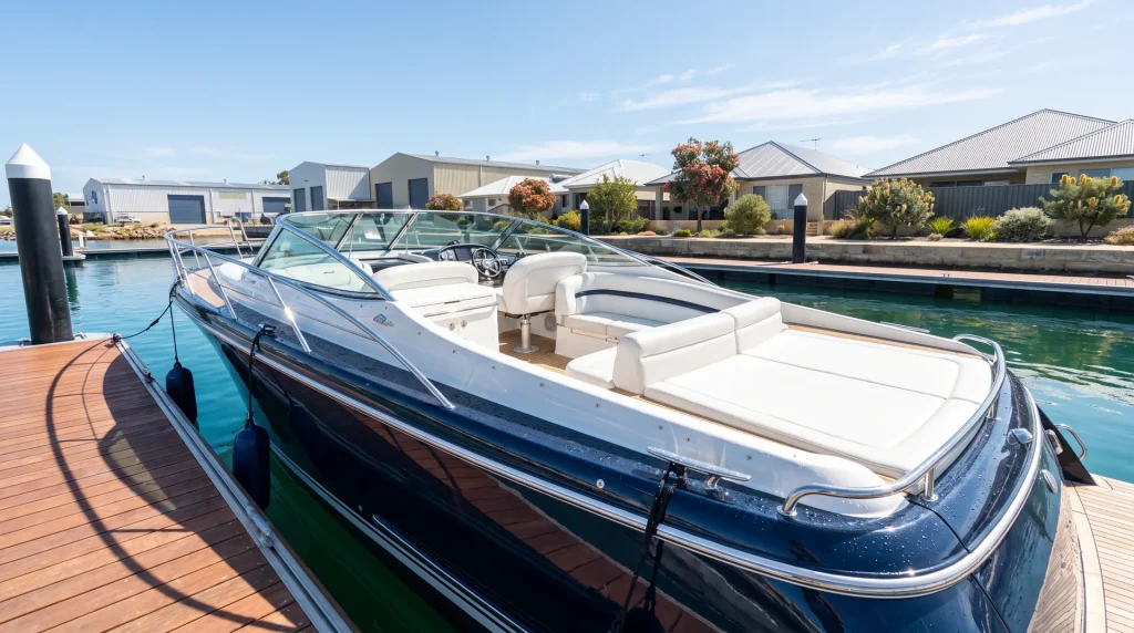 Glossy navy cruiser with beading water and polished chrome, boat detailing in O'Connor Perth marina